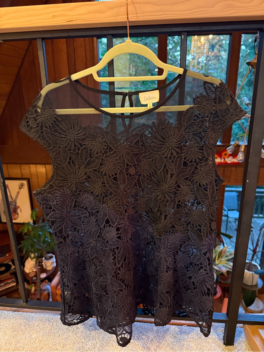 Deletta Black Floral Lace Overlay Women's Top